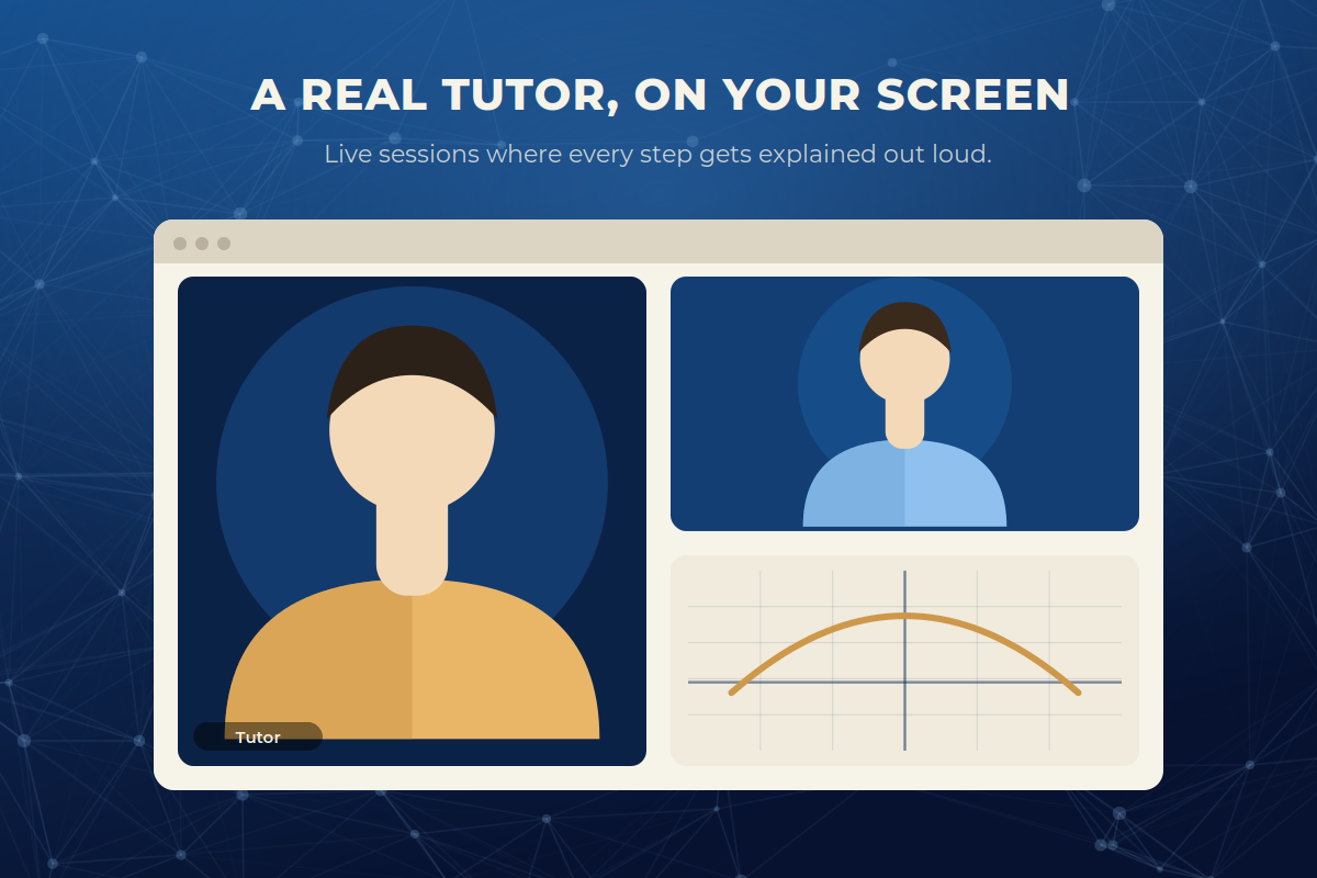 A NEXUS session on screen: the tutor on video call beside a graphed parabola.